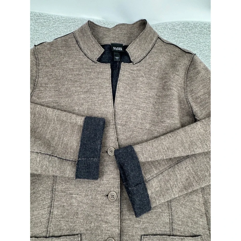 Eileen Fisher Merino Wool Jacket Brown Stand Collar Front Pockets Size Large